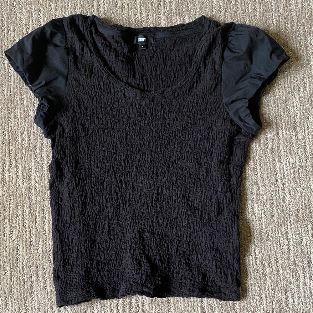DKNY Smocked Black Short Sleeve Textured Tee